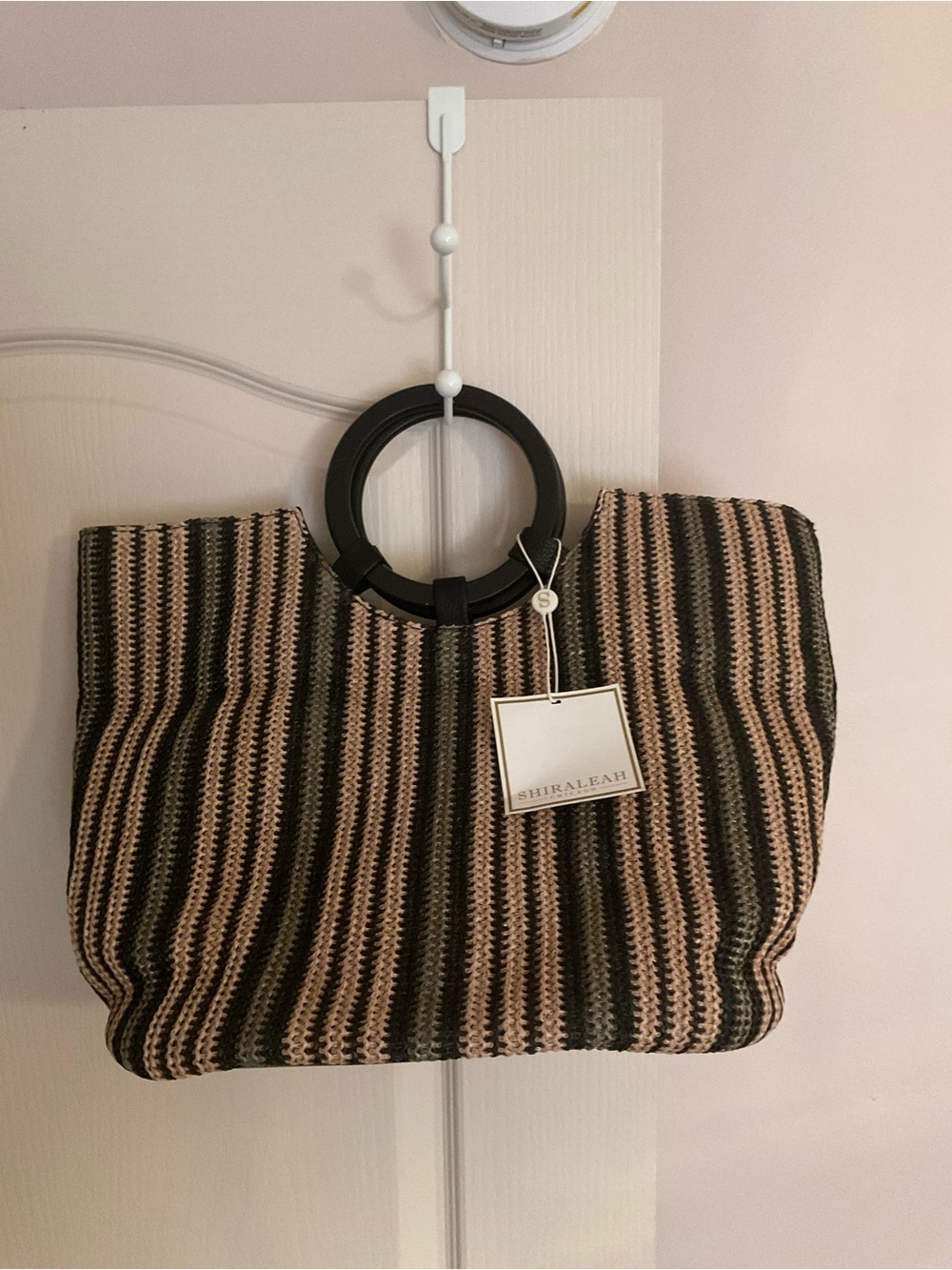 Shiraleah Black and Tan Striped Crochet Tote with Round Ring Handles